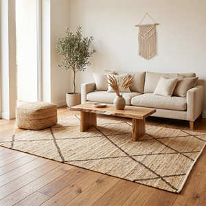 Tapis d'appoint en jute tissé à la main, motif losanges inspiré du style berbère, 9' x 12', pour salon, style scandinave, organique, moderne et luxe discret - Product Image 1