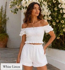 White Linen Women's 2-Piece Shorts Set Off-Shoulder Ruffle Top <b>High</b> Waist Above <b>Knee</b> Shorts Casual Spring Summer Style - Product Image 3