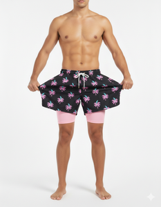 Shorts de plage pour hommes en satin 100% polyester, sublimation personnalisée, 2-en-1, avec leggings de compression intégrés, séchage rapide - Product Image 4