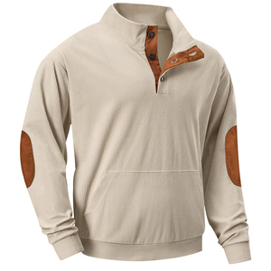 Pull à col zippé noir pour homme avec empiècements marron aux coudes et col boutonné, sweat-shirt tricoté décontracté, coupe classique, idéal pour l'automne - Product Image 3