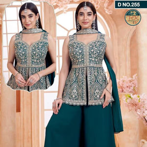 Ensemble de costume palazzo brodé vert foncé pour femmes, tenue de soirée ethnique de créateur, salwar kameez dupatta - Product Image 1
