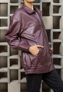 Chaqueta Bomber de Cuero Genuino Color Borgoña para Mujer, Manga Larga, Cuello Camisero, Cierre de Cremallera, Estilo Casual Otoñal - Product Image 6