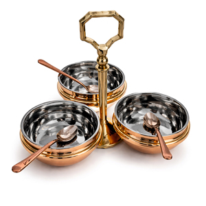 <b>Vintage</b> Party Condiment Set 3 Stand | Stainless Steel Copper Finish Serving Bowls | Durable Freezer <b>Safe</b> Spice Pickle Sauce Set - Product Image 1