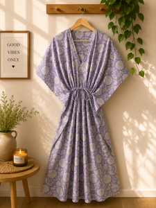 Wholesale 100% Cotton Maxi <b>Kaftan</b> Dress Women | V-neck Batwing Sleeves | Printed Boho <b>Beach</b> Cover | Resort Wear | OEM ODM - Product Image 3