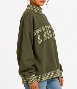 THETE Oversized Women's Crew Neck Sweatshirt With Plaid <b>Letter</b> <b>Applique</b> Design Autumn Casual Knitted Pullover - Product Image 2