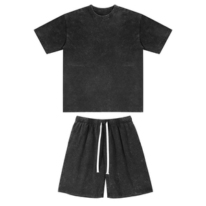 Ensemble homme été personnalisé : T-shirt col rond délavé à l'acide et short avec impression sérigraphiée, 100% coton, grandes tailles - Product Image 4