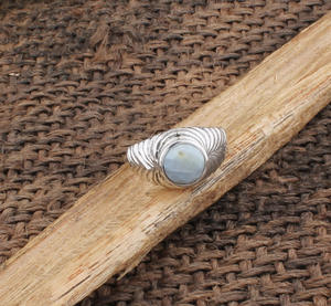 Bague ajustable en argent sterling classique avec agate bleue naturelle pour femme, bijoux de mariage et de fête, vente en gros - Product Image 4