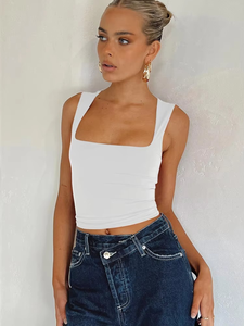 Débardeur en jersey tricoté à col carré pour femme, décontracté, respirant, en spandex et polyester, coupe courte, couleur unie, ajusté, devant uni - Product Image 3