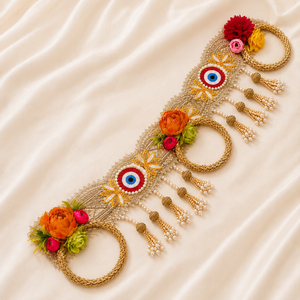 Décoration murale artisanale œil porte-bonheur floral Bandhanwar Toran avec pompon de perles et dentelle dorée pour mariage et fête, décoration de maison - Product Image 4