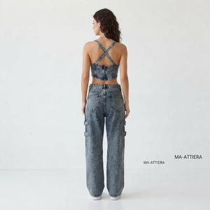 Women Denim Crop Top And Cargo Jeans Set Strappy Bustier Top Buckle Detail Wide Leg Utility <b>Pants</b> Two Piece Outfit - Product Image 2