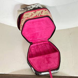 Boîte à bijoux en cuir rose véritable artisanal, motif peau de vache, élégante, avec fermeture éclair, pour ranger bagues, boucles d'oreilles, colliers - Product Image 6