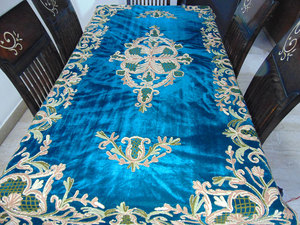 teal long Handmade Embroidered chennele Fabric Indian Floral Block Printed Disposable <b>Tablecloth</b> for Party Wedding Home Decor - Product Image 5
