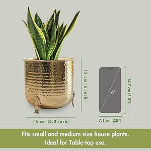 Modern Brass Flower <b>Pot</b> with Long Handle and Hand Carved Finish 16cm Diameter for <b>Table</b> Top Use - Product Image 1