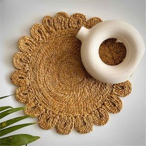 Handmade Natural Seagrass Braided Round Placemat Boho Scalloped Edge <b>Table</b> Mat Heat Resistant Kitchen Dining <b>Table</b> Decor Mats - Product Image 1