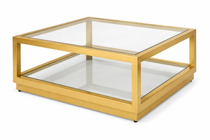 Table basse carrée moderne en acier inoxydable doré avec double plateau en verre trempé, table de salon de luxe - Product Image 3