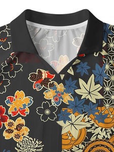 Men's Black Floral Printed Short Sleeve Shirt Regular Fit Breathable <b>Polyester</b> Summer Wear - Product Image 3