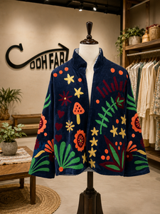 Handmade Winter <b>Navy</b> Cotton Velvet Suzani <b>Jacket</b> <b>Women</b> Floral Mushroom Embroidery Bohemian Ethnic Designer Boutique Outerwear - Product Image 5
