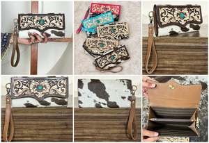 2026 Western Vintage RFID Hand Tooled Turquoise Concho Handmade Hair On Cowhide Genuine Leather <b>Wristlet</b> Clutch Wallet Women's - Product Image 3