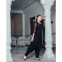 Ensemble de costume Patiala pour femmes, taille XS, écologique, noir pierre, tissu en mousseline, matière en georgette