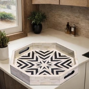 Luxury <b>Round</b> Wooden Decorative Tray with Black and <b>White</b> Floral Inlay Design Perfect for Jewelry Storage <b>Dining</b> and Home Decor - Product Image 4