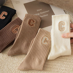 Crew <b>Socks</b> With Letter C Logo In Black Brown Beige White Cotton Knitted <b>Breathable</b> For Daily Casual Wear Autumn Season - Product Image 5