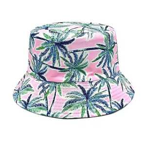 Unisex Tropical Palm Print Bucket <b>Hat</b> Pink <b>Black</b> Polyester Cotton Summer Beach Casual Adult 56-58CM - Product Image 2