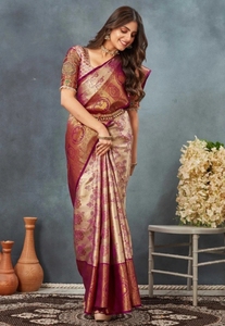 Sari de Seda Jacquard Dharmavaram Tejido Tradicional KV - Reversible, Sin Arrugas, para Fiestas - Product Image 6