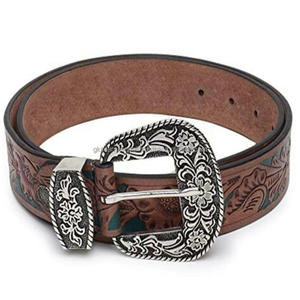 Elegante cinturón de herramientas de cuero occidental hecho a mano para hombres y mujeres con hebilla de latón grabada Floral de diseñador intercambiable - Product Image 2