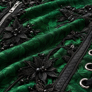 <b>Green</b> Embroidered <b>Corset</b> With Black Lace Trim Front Zip Back Lace-Up Design Women Shapewear Firm Control - Product Image 6