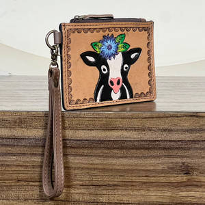 Cartera de Cuero Genuino con Diseño Floral y Correa de Muñeca, Hecha a Mano, con Cierre y Estampado de Vaca, para Uso Diario - Product Image 3