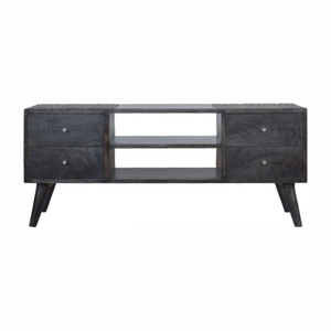 Meuble TV en bois foncé de style Mid-Century Modern avec tiroirs à incrustations géométriques et rangement ouvert - Product Image 2