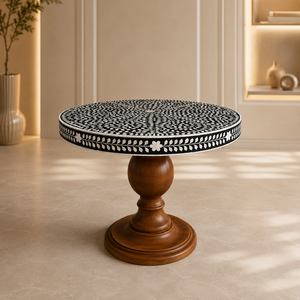 Table basse ronde en bois avec incrustations de os, faite à la main, table à manger moderne 4 places pour salon, sur mesure - Product Image 2