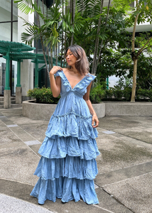 Dusty Blue Tiered Ruffle Maxi Dress Deep V Neck Tie Back <b>Boho</b> Gown Smocked Natural Waist Sleeveless Organic Cotton Eco-Friendly - Product Image 6