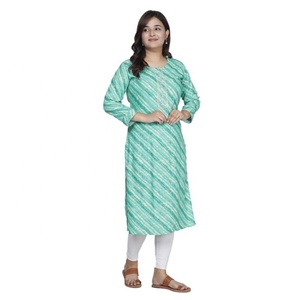 Indian Pakistani Clothing Loose Fit <b>Women</b> Embroidered Leheriya Rayon Vintage <b>Kurta</b> with Three Fourth Sleeves - Product Image 2
