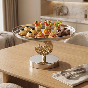 Metal <b>Chrome</b> Finish Serving Tray Elegant Gold Coral-Style Pedestal Round Shape High Quality For Home Decor And Serving Events - Product Image 6
