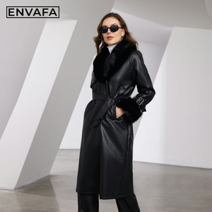 New Women Winter Faux <b>Fur</b> Trimmed PU Leather Eco-Friendly Thick Double Breasted Long Jacket Warm Fashion Outerwear OEM ODM - Product Image 6
