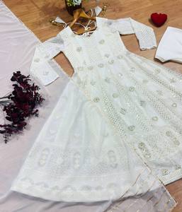 <b>White</b> Cotton Anarkali <b>Suit</b> With Dupatta Traditional Indian Pakistani <b>Women</b> Floor Length <b>Wedding</b> Wear Stretchable Regular Fit - Product Image 2