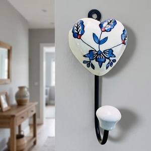 <b>Beads</b> <b>Art</b> Handmade Ceramic Heart Wall Hook with Blue Floral Design Rustic Style Multifunction Single Hook for Clothing - Product Image 1
