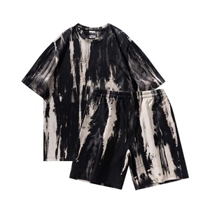 Ensemble T-shirt et short en molleton 100 % coton pour homme, style streetwear d'été, écoresponsable, color block, délavé à l'acide, col rond - Product Image 2