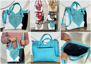 Sac fourre-tout tendance en cuir repoussé turquoise en forme de cœur, en cuir de vachette premium, avec bandoulière, collection Mars 2026 - Product Image 3