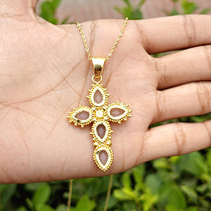 Designer gold plated cross <b>necklace</b> checker cut pink chalcedony pear shape gemstone <b>crucifix</b> cross pendant <b>necklace</b> for <b>women</b> - Product Image 6