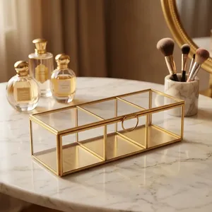 Artisan Design B54 Brass/Glass Cosmetic & Jewelry Organizer <b>Box</b> with Dividers and Glass Panels for <b>Makeup</b> and Jewelry Storage - Product Image 1