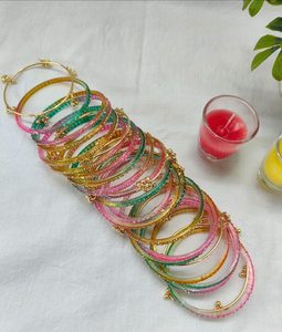 Colorful Stylish Vibrant Silver Plated Trendy Geometric <b>Glass</b> <b>Bangles</b> Imitation Pearl Churiyan Set Wedding Party Wear - Product Image 6