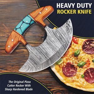 มีดหั่นผักทำมือ ดามัสกัส อูลู คัตเตอร์พิซซ่า สำหรับใช้ในครัว ขายส่ง รับทำโลโก้ บีทูบี ด้ามไม้ ดรอปชิปปิ้ง - Product Image 5