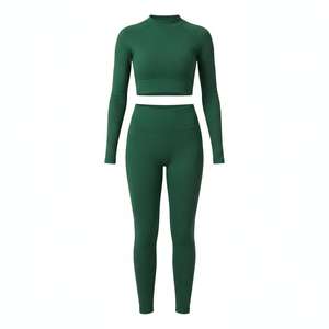 Seamless Ribbed Nylon 2-Piece Yoga Set <b>Mock</b> <b>Neck</b> Long Sleeve Crop <b>Top</b> & High Waist Tummy Control Sublimation Printed Leggings - Product Image 1