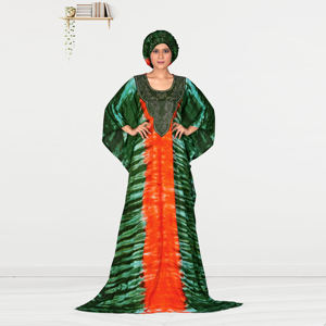 Kaftan Farasha en rayonne avec motif abstrait artistique, encolure avant ornée, manches chauve-souris spectaculaires et longueur au sol élégante - Product Image 3