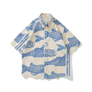 Chemises décontractées pour hommes, style américain oversize, nouvelle collection été 2026, imprimé petits poissons, mode urbaine tendance, personnalisées - Product Image 2