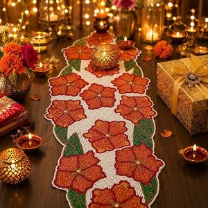 Camino de Mesa Bordado con Flores Rosas y Naranjas y Hojas Verdes para Decoración del Hogar - Product Image 3