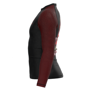 เสื้อรัดกล้ามเนื้อแขนยาวสำหรับผู้ชาย สีดำ-แดงเลือดหมู พิมพ์ลายกราฟิกหน้ากาก Rise Oni เหมาะสำหรับการฝึกซ้อมกีฬาและออกกำลังกายในยิม - Product Image 3