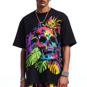 เสื้อยืดฮิปฮอปสตรีทแวร์ทรงโอเวอร์ไซส์สีดำผ้าฝ้ายนุ่มพิมพ์ลายกราฟิกดอกไม้หัวกะโหลกสีสันสดใสทันสมัยสำหรับผู้ชาย - Product Image 5